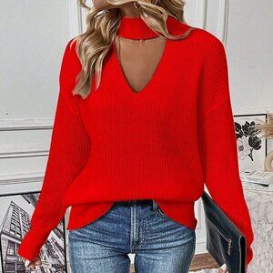 Red Casual Women's Choker Neck Drop Shoulder Sweater